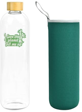 Bouteille d'eau en verre Borosilicate avec couvercle en bambou 1,5 l 1 500 ml avec housse en néoprène vert écologique Save the planet fill me up recyclable réutilisable sans toxique sans BPA