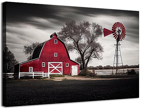 Vintage Windmill Wall Art Farmhouse Red and Black Old Barn Wall Decor Living Room Country Farm Landscape Picture Canvas Prints Bedroom Framed Painting Modern Artwork Kitchen Home Decorations 16x24”