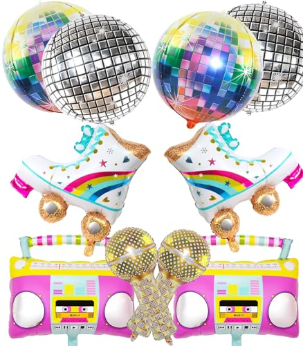 HXJFGDM Folienballon Disco - 90er Jahre Disco Party Deko,22 Zoll Riesige 4D Folienballon, Radio Mikrofon Regenbogen Rollschuh Luftballon,70er 80er party deko für Disco Hip Hop Mottoparty (90er deko)