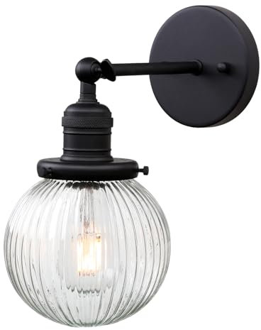 Pathson Industriel Applique Murale Abat-jour en Verre Strié Éclairage Intérieur, E26 Miroir Lampe Murale pour Salon, Salle de bain, Chambre à Coucher (Noir)