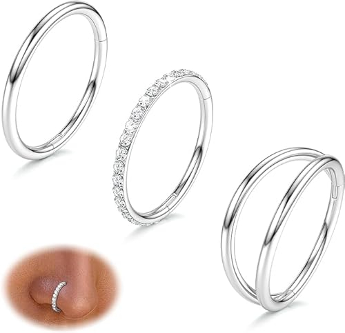 Diamday 3stk Nasenpiercing Ring 316L Chirurgenstahl Nasenring Piercing 16G/18G/20G CZ Conch Piercing Nasenring Gold Silber Septum Clicker Lippen Ring Helix Rook Tragus Daith 7mm/8mm/9mm/10mm