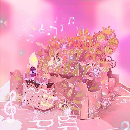 Geburtstagskarte mit Musik & Licht & bespielbar & Kerzen ausblasen Happy Birthday Grußkarte 3D Pop Up Grußkarten Geburtstagsgeschenke für Frauen/Männer/Eheman/Kinder Grußkarten mit Umschlägen (Rosa)