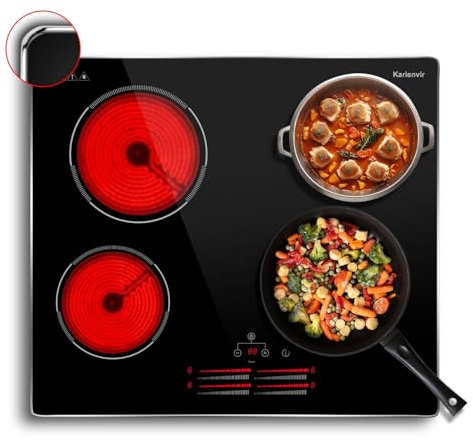 Karienvir Plaque Vitrocéramique 4 Feux 60cm, Plaque de Cuisson Vitrocéramique 4 Foyers Encastrable, Minuteur Multi-zones, 9 Niveaux de Puissance, Verrouillage de Sécurité, Pas de Prise