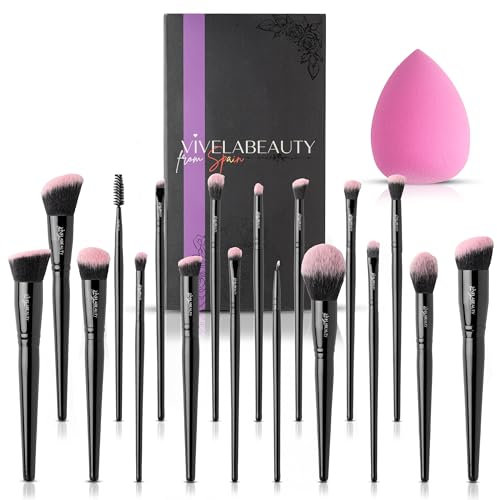 VivelaBeauty Pinceaux maquillages, 18 unités + éponge - Kit complet pour le fond de teint, yeux, poudre, contours - Pinceaux doux et de haute précision - Cadeau ou usage personnel.