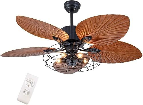 Tropical Ceiling Fans with Light 52inch Palm Leaf Ceiling Fan 5 ABS Blades Metal Caged Chandelier Lighting Fixture 3-Speed Changes w/Remote Reversible for Kitchen Bedroom Living Room