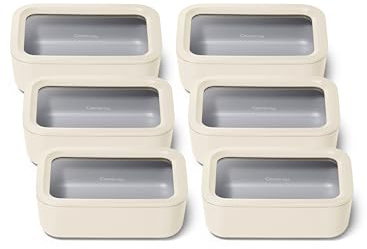 Cumin 6pcs Glass Food Storage Set - 6.6 Cup Food Container (6) - Ceramic Coated - Non-Toxic Non-Stick with Lid - Microwave Safe - Cream