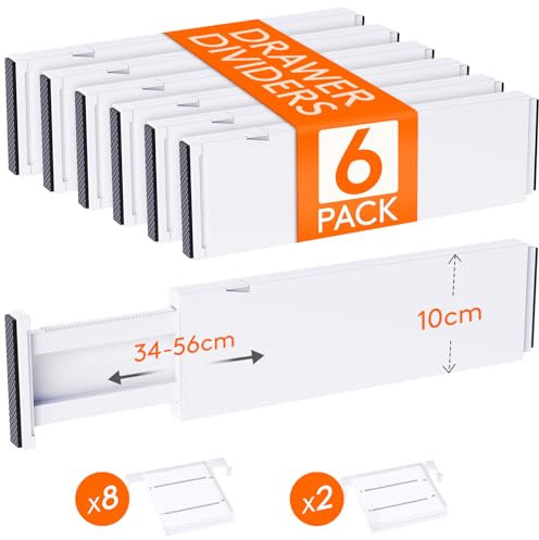Lifewit 6er-Set Verstellbar Schubladentrenner 10 cm hoch und 34,3-55,9 cm länge, Schubladen organizer, Schubladenteiler aus Kunststoff mit 10 Einsätzen für Kleidung, Make-up, Schminktisch, Küche
