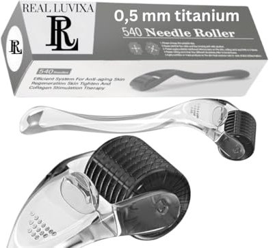 Derma Roller 0,5 mm, 540 aiguilles en acier de 0,5 mm, REAL LUVIXA rouleau à barbe, rouleau à micro-aiguille pour la peau et les cheveux, utilisation pour hommes et femmes (Noir - Transparent)