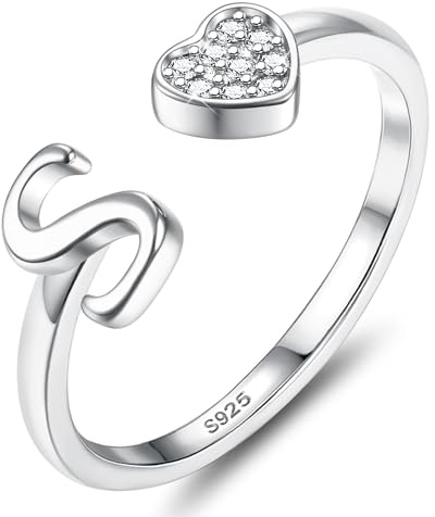 JeweBella Herz Ring Silber 925 Damen mit Buchstaben A-Z Verstellbar | Engagement Promise Ring,Stapeln Daumenring.Fingerring,Eheringe,Verlobungsring, Initiale Ringe Frauen Mädchen mit Box