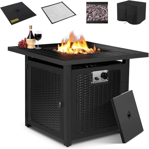 Gas Feuerstelle, Feuerstelle inkl. Wasserfeste Schutzhülle, Lavasteinen, Tischplatte & Funkenschutz,72.5 * 72.5 * 67.5 cm,14,5 kW, 28 Zoll Gaskamin Outdoor, Automatische Zündung, Esstisch & Heizung