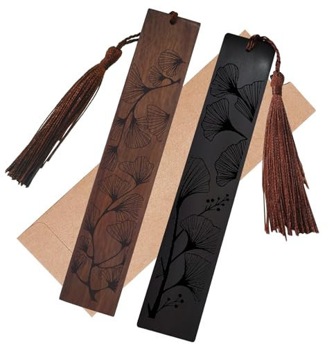 CREATCABIN 2 Stück Lesezeichen Holz Geschnitztes Ginkgoblatt Lesezeichen Holzanhänger Rechteckige Form Personalisierte Dekoration Mit Quastenanhänger Für Leser 14.8x2.8cm
