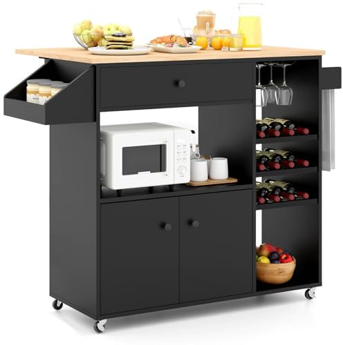 COSTWAY Kitchen Island on Wheels, Rolling Storage Trolley with Drop Leaf Worktop, Wine Rack, Glass Holder, Adjustable Shelf, Towel Bar & Spice Rack, Extendable Buffet Serving Cart (Black + Natural)
