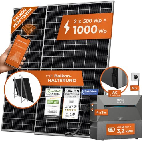 Solarway® All In One Planta de energía para balcón con almacenamiento, 1000 W, enchufe completo, 1,6 – 3,2 kWh, Ancla Solix 2 AC, kit de ampliación para su planta de energía de balcón (soporte de