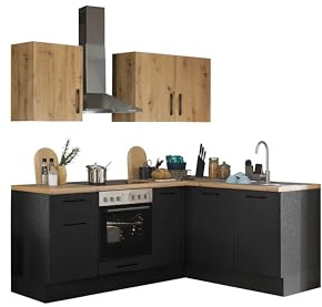 TURIN Eckküche L-Form Schwarz Artisan Eiche-Optik 210 x 211 x 60 cm (B/H/T) | Moderne Winkelküche ohne Küchengeräte, mit viel Stauraum, wahlweise rechts oder links montierbar, Metall-Bügelgriffe