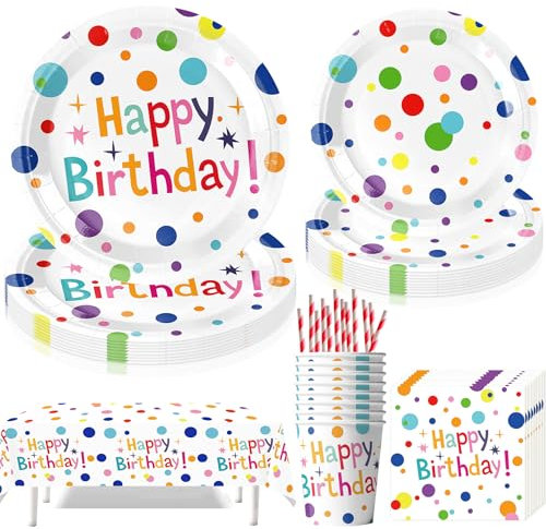 Jiahuade Partygeschirr Set,61 Stück Bunt Partygeschirr Kindergeburtstag,Bunt Polka Dot Design Thema Geburtstag Party,mit Pappteller Becher Servietten Tischdecke Strohhalme,für 10 Gäste