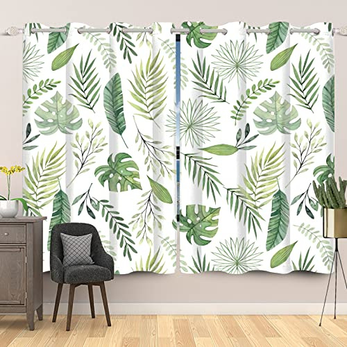 ggaimwf 107x160cm Tropenblatt Ötenvorhänge Grün Palme Monstera Dschungel Blätter Aquarelldruck Isoliert Thermisch Blackout Fenstervorhänge für Schlafzimmer Wohnzimmer Esszimmer Küche,2 Panels