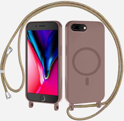 TQmchun Magnetische Handykette mit Band für iPhone 6/7/8 Plus,Handyhülle [Kompatibel mit MagSafe],Weich TPU Liquid Silikon Necklace Umhängen Kameraschutz Kette Stossfest Schutzhülle-Braun