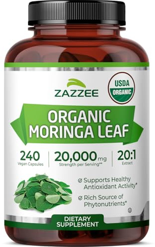 Zazzee USDA Organic Moringa Leaf 20:1 Extract, 1000 mg Per Serving, 240 Vegan Capsules, 4 Month Supply, Certified Kosher, Moringa Oleifera, Antioxidant, Immune & Cellular Support, Made in the USA