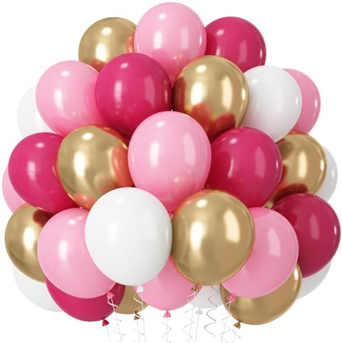 Pink and Gold Balloons Set, 60 PCS 12 Inch Princess Balloons Pastel Hot Pink White Metallic Gold Latex Helium Balloon for Girls Women Birthday Wedding Bridal Baby Shower Anniversary Party Decorations