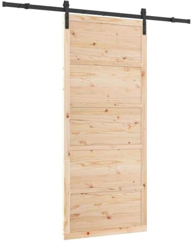 vidaXL Puerta corredera de 90 x 208 cm en madera de pino sólido, color marrón con un acabado rústico. Tiene componentes ajustables para uso en interiores. Estilo granja. Incluye panel guía de suelo