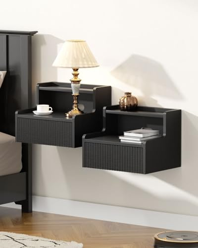 Skokliz Nachttisch hängend 2er Set, 40 * 32 * 30cm Kleiner moderner schwebender Nachttisch mit Schublade, Nachtschrank Wandmontage Regal für Schlafzimmer, Wohnzimmer, Schwarz