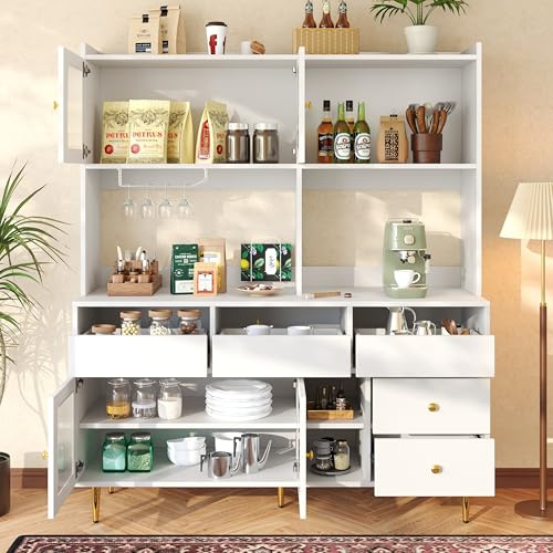 Zravenna Buffetschrank 145 x 39 x 171 cm, Hochschrank, Küchenschrank Vitrinenschrank Mehrzweckschrank mit 4 Türen, 5 Schubladen & Weinregale, für Restaurants. (Weiß)