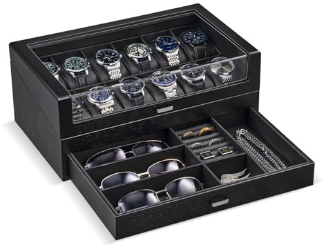 ProCase 12 Fächern Uhrenbox aus Holz, 2 Ebenen Watch Box | Uhrenkoffer mit Schublade, Uhren Organizer Uhrenaufbewahrung mit Glasdeckel Schmuckkasten für Herren