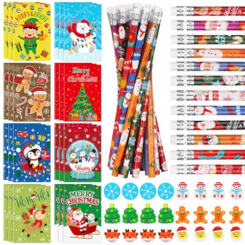 Haiabei 72 Stück Mini Weihnachten Notizblöcke, Weihnachts NotizblöCke und Weihnachtsstifte, Mini-Radiergummis, Weihnachts-Schreibwaren, Partygeschenke für Jungen und Mädchen, Weihnachtsgeschenke