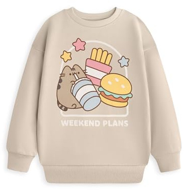 Pusheen Girls Beige Sweatshirt | Long Sleeve Crew Neck with 'WEEKEND PLANS' Print | Cartoon Character Jumper for Leisure | Comfortable Loungewear for Kids | Pusheen Merch - 11-12 Years