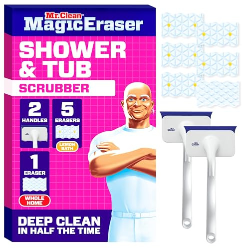 Mr. Clean Magic Eraser Shower & Tub Scrubber, Bathroom Cleaner, All in One Bathroom Cleaner, Lemon Starter Kit, 2 Scrubber, 5 Foaming Magic Erasers, 1 Whole Home Extra Durable Magic Eraser
