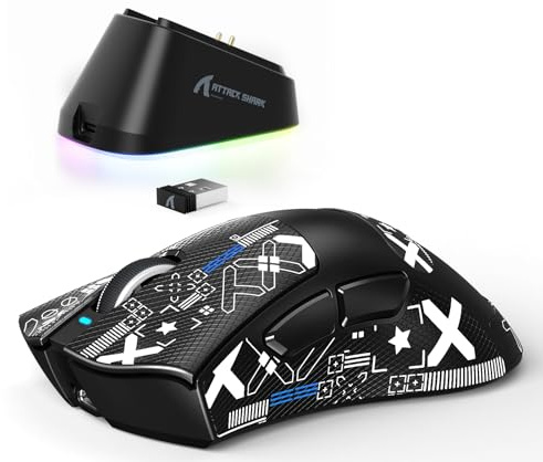 ATTACK SHARK V3PRO Souris Gaming sans Fil avec Station De Recharge Magnétique, PixArt PAW3311, 25000 DPI, BT/2.4GHz/Filaire, 100M Cliques, 500mAh, 65g Ultra-Légère pour PC/Xbox/PS/Mac - Noir & Ruban