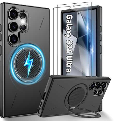 Gritup für Samsung Galaxy S24 Ultra Hülle für Magsafe mit 2 Stück HD-Bildschirmschutz, eingebauter Kickstand, Dual Layer Stoßdicht, Kamera Guard,Schutz in Militärqualität for S24 Ultra Case-Schwarz