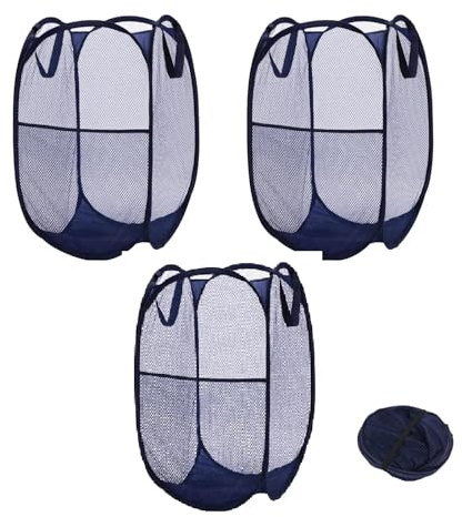 JIUAI 3Pcs Collapsible Mesh Pop-Up Foldable Net Laundry Basket Bag, Large Foldable Mesh Laundry hamper basket with Side Pockets for Dirty Clothes,Folding Laundry-Basket - Navy