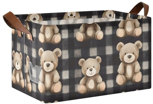 Mnsruu Teddy Bears Gingham Pattern Storage Box Basket for Shelves Large Storage Bin Cube Waterproof Organizer Closet Clothes Bedroom