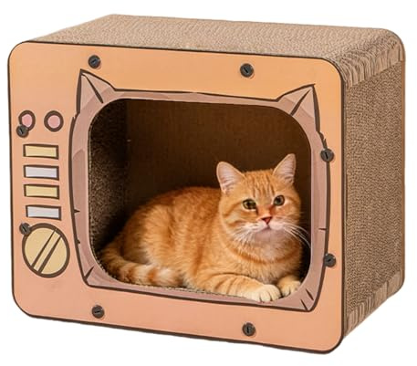 Cat Scratching House - Retro TV Design Hideaway Box, Corrugated Cardboard Claw Sharpeners, Indoor Interactive Playing Grounds, Furniture Safeguards Installation for Kittens Small Pets Bunnies
