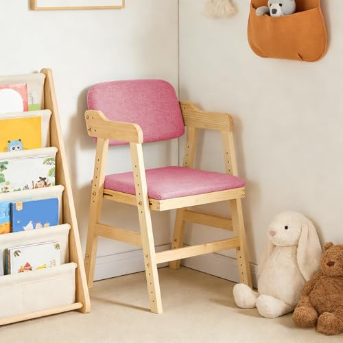 HUOLE Höhenverstellbar Kinder Hochstuhl, Holz Stuh, Esszimmerstühle mit Rückenlehne, Lehrstuhl,kinderstuhl,hochstühle,bis 90 kg für Kinder und Erwachsener,48 x 46 x 78 cm – Rosa