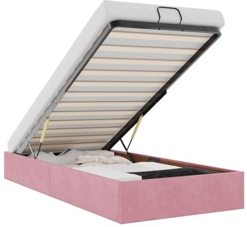IKAYAA Letto Imbottito 80x200 con Contenitore Letto Idraulico con meccanismo di Sollevamento Letto Singolo Struttura Letto Piatto con Supporto Doghe-Rosa-80 x 200 cm