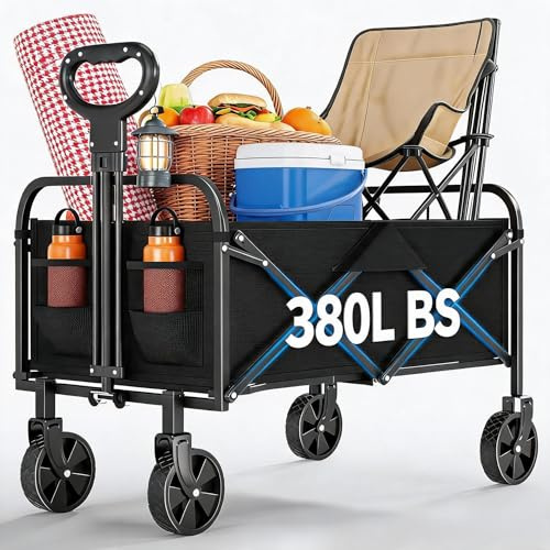 Bollerwagen Faltbar, 172kg(380LBS) Faltbollerwagen Mit 360°Geländerädern | 600D Oxford PVC Seitentasche, Verstellbarer Griff, Für Camping, Garten, Strand, Einkaufen