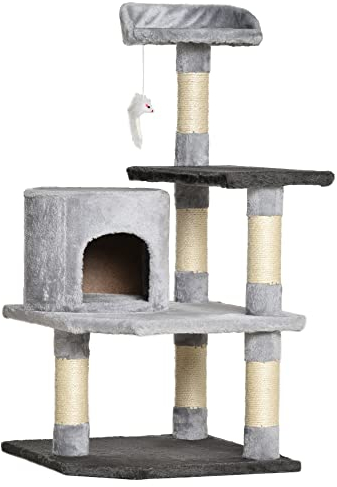 PawHut Árbol para Gatos Rascador Grande con Plataformas Casetas Ratón de Juego 100cm Tablero de partículas Cubierto de Felpa Beige