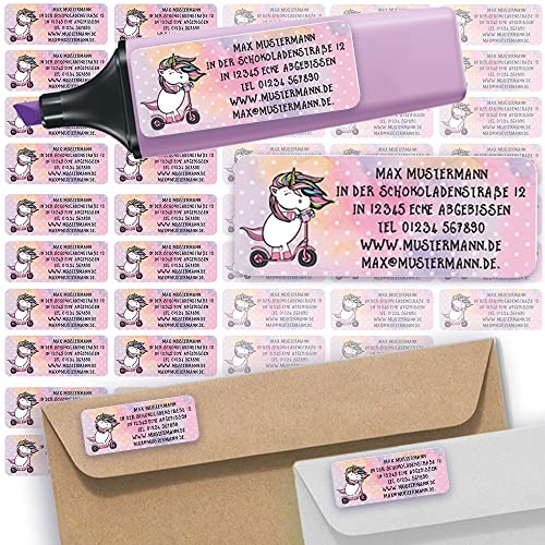 Adress-Etiketten - Adress-Aufkleber Sticker Namensaufkleber mit Ihrem Wunschtext 57x 23mm, für 1 bis 5 Zeilen Text - 45 Stück 45 Hintergründe zur Auswahl (02 Einhorn Unicorn)