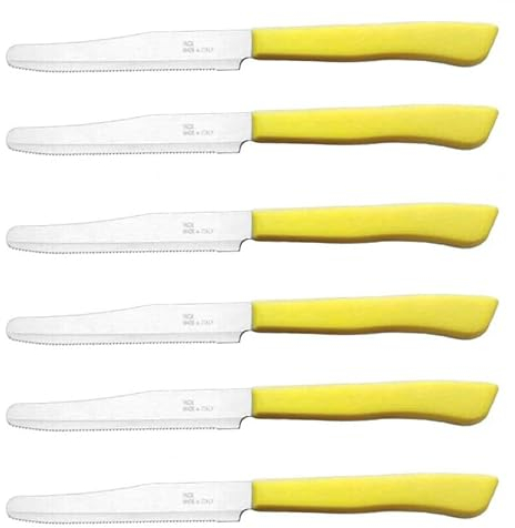 Tredoni 6 Coltelli da Cucina - 11cm Acciaio Inossidabile Italiano Coltello Posate da Verdure/Bistecca/Tavola Seghettato, Punta Arrotondata (Giallo)