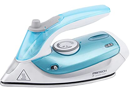 PRITECH-Plancha de vapor de viaje con mango plegable, 1000W, bivoltaje 110/230V, diseño mini, ligera, color azul, blanco y gris.