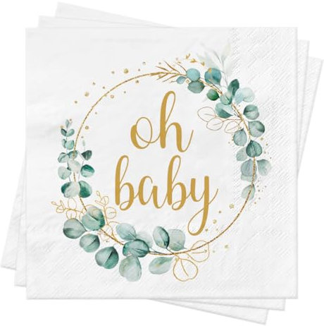 Sprinlot 40 Stück Servietten Babyparty, Oh Baby Servietten Taufe Servietten Kommunion Jungen Mädchen Servietten Konfirmation Eukalyptus Deko, Partyservietten für Babyparty Baby Shower Taufe Tischdeko