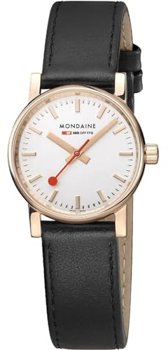 Mondaine evo2 Schweizer Damen Armbanduhr mit schwarzem Leder-Armband, typischer Bahnhofsuhr-Style, Durchmesser 30mm, Saphirglas