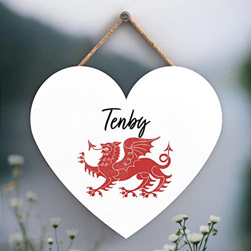 Global Designs Tenby Welsh Dragon Location Wooden Heart Hanging Plaque