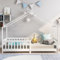 KEEPREAPER Hausbett Kinderbett 90x200 cm mit Zaun und Lattenrost und Rausfallschutz für Jungen & Mädchen, Weiß, niedrige Beine ohne Schublade und Matraze