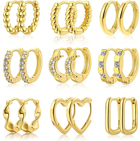 FUNEIA 6-9 Paar Klein Creolen Gold Ohrringe Damen 14K Vergoldet Ohrringe Set Mini Creolen Gold Nickelfrei Hypoallergene Twisted Knorpel Creolen Mit AAA Zirkonia Schmuckset