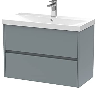 Hudson Reed HAV2306D Havana Modern Bathroom Wall Hung 2 Drawer Vanity Basin Unit & Thin-Edge Ceramic Basin, 800mm, Matt Coastal Grey