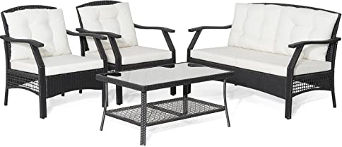 COSTWAY 4-Piece Rattan Garden Furniture Set, Patio Conversation Set with Loveseat, Sofa Chairs and Tempered Glass Table, Outdoor Wicker Table and Chairs Sectional Sofa Set for Balcony Lawn Poolside
