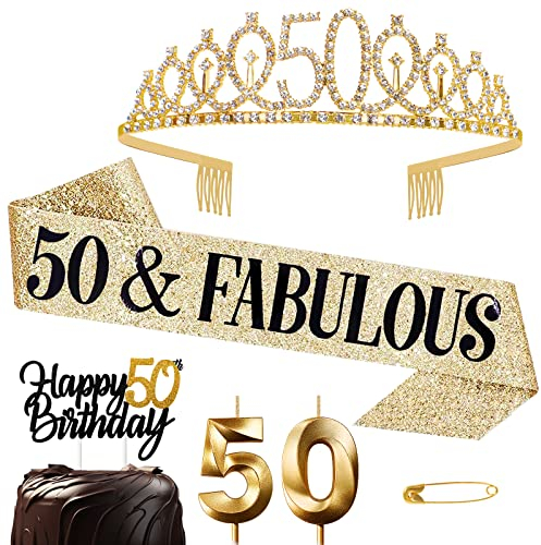Jonvell 50.Geburtstag Schärpe und Tiara für Frauen Gold Geburtstag Schärpe und Krone Geburtstag Kerzen Kuchen Topper 50.Geburtstag Frauen Geschenke für 50.Geburtstagsparty Deko